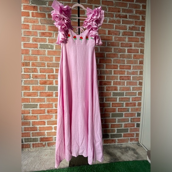 NWOT Fanm Mon Aster Pink Demre Linen Embroidered Maxi Dress Ruffle Sleeve SIZE S - Picture 2 of 9